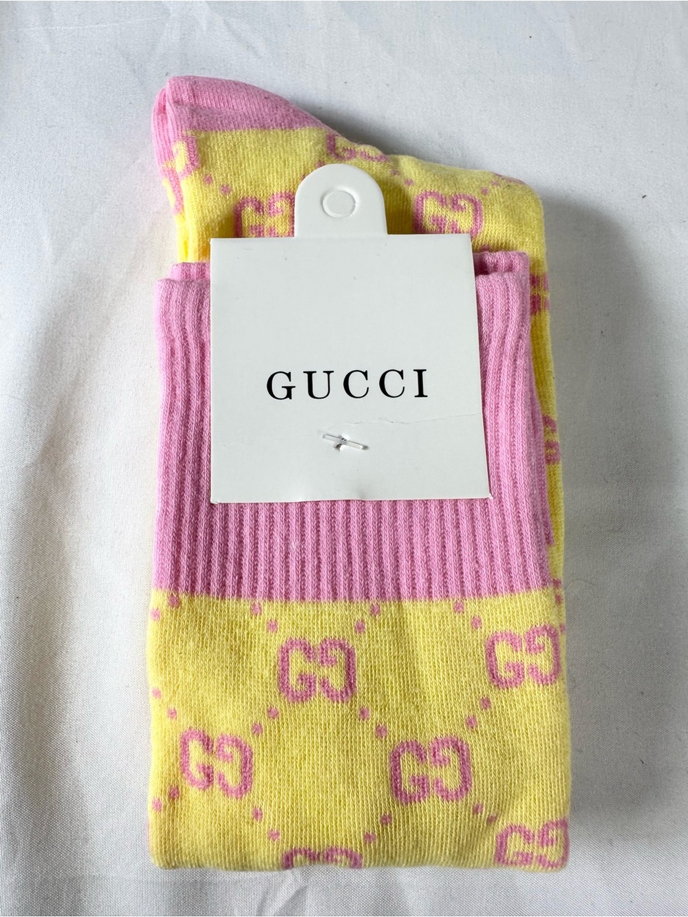 Fashion Luxury Yellow/Pink GG Pattern Crew Socks “17 cuff to toe (Unisex)